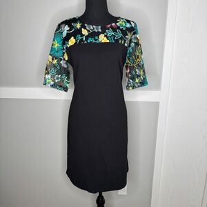 Nina Leonard Sheath Dress Women Size M Black Floral Embroidered Mesh Yoke